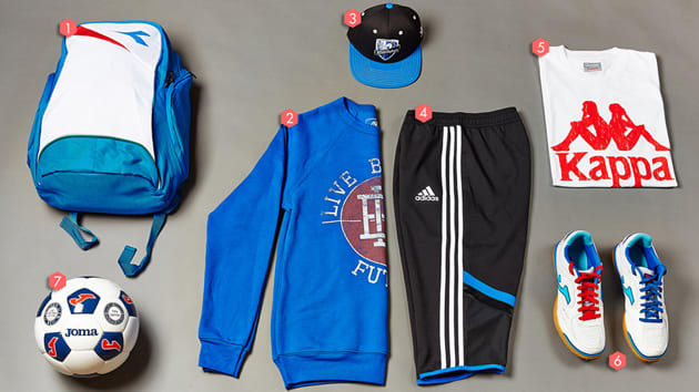 1) Diadora Backpack; 2) LBF Pitch Invaders Royal Crew Neck Sweater; 3) IMFC Brim Flex Cap; 4) IMFC 3/4 Training Pant; 5) Kappa Auth. Logo Vintage Tee; 6) Joma Top Flex Futsal Shoe; 7) Joma Inter Ball Sz. 4